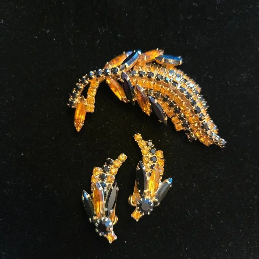 Vintage Rhinestone Brooch Pin & Earrings Set Black and Orange